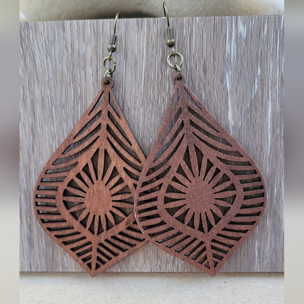 Laser Cut Teardrop Wood Large Earrings arrings